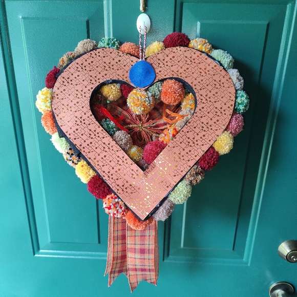 Handmade Boho Fall Colors Heart Pom Pom Door / Wall Wreath - Picture 6 of 6